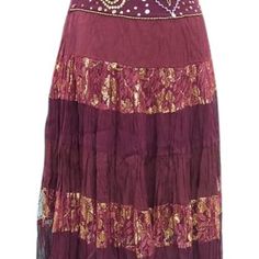 Cache Aubergine/Eggplant/Burgundy, Texture And Fabric There Is No Variation In Color Only Lighting Conditions Sheer Illusion Lace Kissed With Gold Metallic And Much More Lined Waist With Bead And Sequin Trim Hidden Side Zipper Self-Belt Effect Skirt New With Tags $128.00 + Tax May Fit Size Other Sizes, See Measurements Measurements Appx, Flat, 1 Way, Unstretched: 100% Rayon - 70% Rayon 30% Nylon Lining-100% Poly Size 8 +-16.5" Waist Area +-20"+ Hip Area +-28" Long If You Need Additional Info/Mea Burgundy Texture, Burgundy Color, Women Skirts Midi, Boho Hippie, Skirt Fashion, Eggplant, Tie Dye Skirt, Hippie Boho, Boho Chic