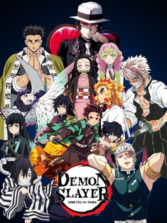 demon slayer anime poster with all the main characters and their names in black, white and red