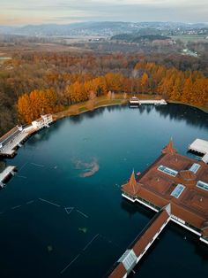 an aerial view of a lake surrounded by trees