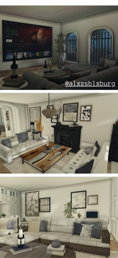 two different views of a living room with couches, tables and televisions on the wall