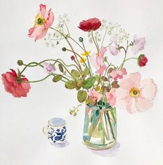 a watercolor painting of flowers in a vase next to a cup