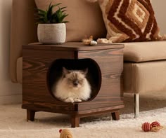 a cat sitting in a wooden pet house on the floor next to a couch and potted plant