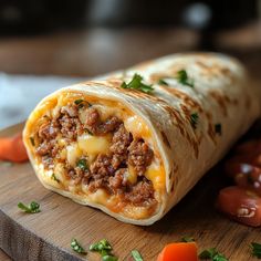 a burrito cut in half on a cutting board next to carrots and peppers