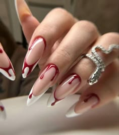 Red Ombre Halloween Nails, Black And Red Nails With Cross, Long Almond Acrylic Nails Halloween, Stiletto Nails Halloween Designs, Halloween Movie Nail Designs, Halloween Star Nails, Spooky Halloween Nails Stiletto, Gel X Nail Designs Halloween, Cute Nails For Concerts