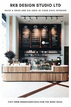 the inside of a coffee shop with menus on the wall