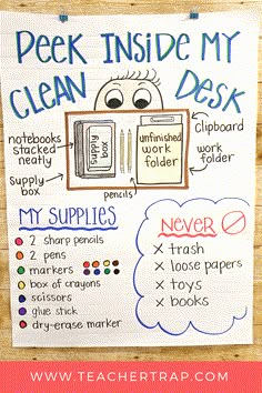 a poster with the words peek inside my clean desk on it and an image of a book