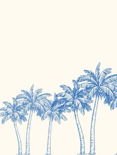 four palm trees are lined up against a white background with blue ink on the bottom