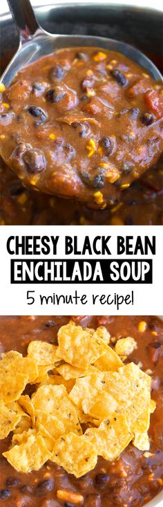 three different views of black bean enchilada soup with tortilla chips