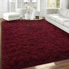 a living room filled with furniture and a red rug