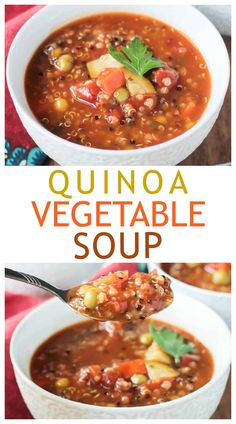 two pictures showing different types of soup in white bowls with the words quinoa vegetable soup