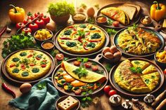 many different types of food are arranged on plates and in the shape of pizzas