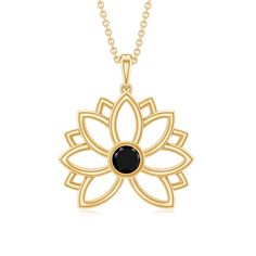 Product Details As unique as you this Flower Pendant inspired by the flower Lotus, with a Bezel Set Black Onyx Solitaire in center this Lotus Flower Pendant will add to your style and make you the talk of the town. Product Information SKU SHP-PENDANT092022331 Length 18.5 mm Width 15 mm Weight 3.12 gm (Approximate) BLACK ONYX INFORMATION No.of Stones 1 Pieces Total Weight 0.09 Carat (Approximate) Dimension(approx) Round-3X3 mm-1 Pcs Color Black Cut Brilliant Shape Round Setting Type Bezel-Setting Lotus Diamond Pendant, Black Onyx Round Pendant Necklaces, Modern Onyx Pendant Jewelry, Elegant Black Flower Pendant Jewelry, Lotus Flower Pendant, Black Diamond Necklace, Lotus Pendant, Gold Lotus, Black Onyx Necklace