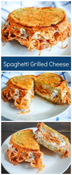 spaghetti grilled cheese sandwich cut in half on a white plate with the words spaghetti grilled cheese