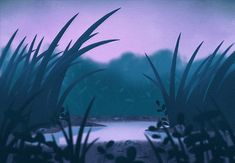 an abstract painting of grass and water at dusk