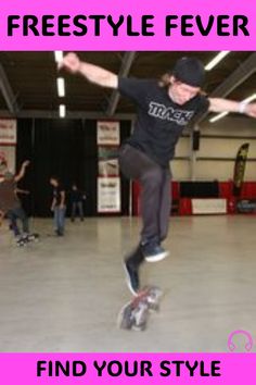 a man riding a skateboard through the air while wearing a black shirt and jeans