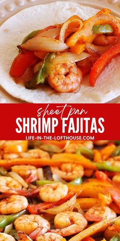 shrimp fajitas with peppers and onions on a white plate next to the recipe title