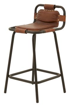 a brown leather bar stool with black metal frame and backrest, on an isolated white background