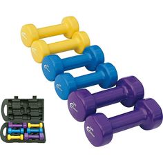 three dumbbells, one yellow and one purple with handles are shown next to each other