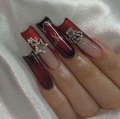 Dark Fem Nails, Loose Glitter Nails, Making Oc, Bday Nails, Angel Nails, Retro Nails, Punk Nails, Red Acrylic Nails, Edgy Nails