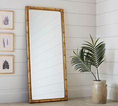 a large mirror sitting on top of a wooden table next to a potted plant