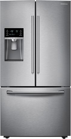 a stainless steel refrigerator freezer with water dispenser