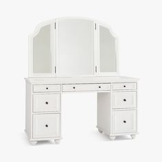 a white dressing table with two mirrors and drawers on it's sides, against a white background