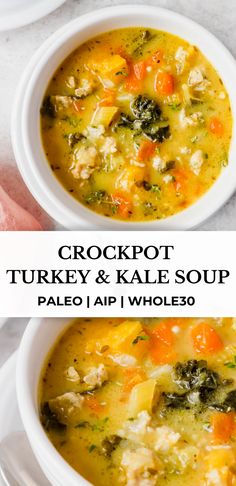 two bowls of crockpot turkey and kale soup