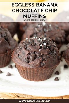 eggless banana chocolate chip muffins on a white plate with text overlay