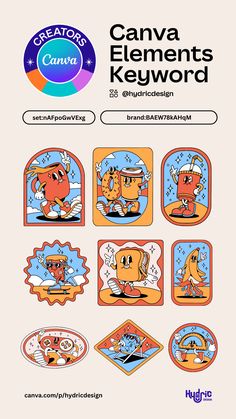 an advertisement for the canva elements keyword with cartoon characters in orange and blue