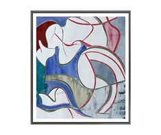 an abstract painting with red, white and blue colors on it's paper frame