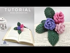 an open book with crochet flowers on it and a photo of the same object