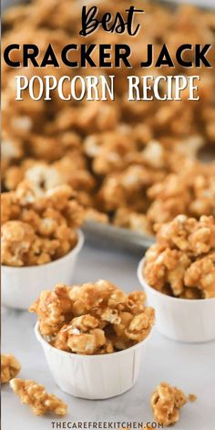 the best cracker jack popcorn recipe is in small white bowls on a table with other snacks