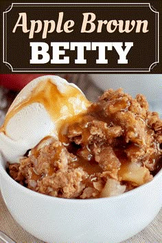 apple brown betty ice cream in a white bowl with caramel drizzle on top