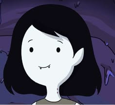 a cartoon girl with black hair and white shirt is staring at something in the distance