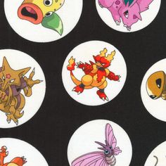 several different colored pokemons on black and white circles with cartoon characters in the middle