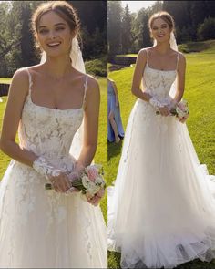 two women in wedding gowns standing on the grass