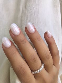 White Dip Short Nails, Short Stubby Nails Manicures, Clear Dip Manicure, Bridal Shower Nails Short, White Pearl Dip Nails, Engagement Nails Squoval, Sns Wedding Nails For Bride, Short Round Bridal Nails