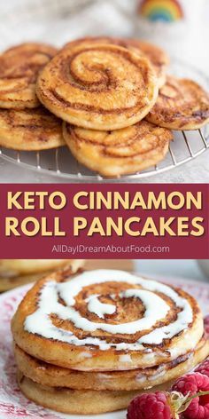 keto cinnamon roll pancakes on a plate with raspberries