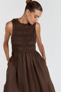 LESSI BITTER CHOC LINEN MIDI DRESS | Dissh Gathered Circle Skirt, Bitter Chocolate, Leg Split, Linen Midi Dress, Linen Maxi Dress, Circle Skirt, Pure Linen, Bra Cups, Bitter