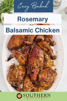 rosemary balsamry balsamic chicken on a white plate with text overlay