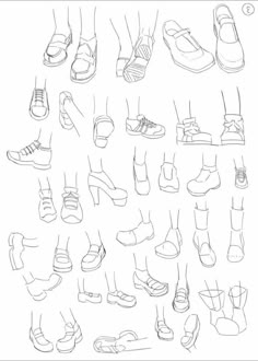 a bunch of different types of shoes drawn in pencil on white paper with black ink