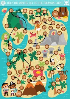 a map with animals and palm trees on it that says help the pirates get to the treasure chest