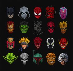 six different colored masks on a black background