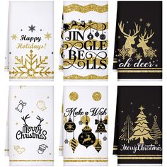 six christmas napkins with gold and black designs on them, all decorated in different styles