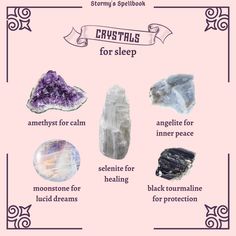 Dreaming Crystals, Crystal Correspondences, Witchy Graphics, Crystal Posters, Witchy Ideas, Crystal Grimoire, Beginner Witches, Crystals For Sleep, Beginner Witch