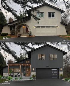 before and after photos of a new home in the suburbs, with an attached garage