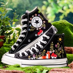 Customized Embroidered Converse, Mushroom and Fox Embroidered Sneakers Custom, Embroidered Converse High Tops Pet Mushroom and Sweet Sunflower Garden, Gift for Her 💚 Immerse yourself in the intricate craftsmanship as we lovingly hand embroider rustic flowers onto your chosen Converse pair 💚 🌿 The listed price encompasses both the Converse Shoes and the showcased Embroidery Designs. 1. MANUFACTURING PROCEDURE 🌿 Upon receiving your order, we initiate the shoe preparation process. If your chose Converse Shoes Sunflower, Converse High Tops Platform Embroidery, Shroom Converse, Converse Mushroom, Embroidered Converse High Tops, Converse Chuck 70s, Cute Converse Shoes, Embroidered Converse, Cute Converse