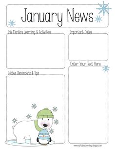 a printable january news page with an image of a polar bear and snowflakes