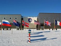 several flags are on poles in the snow