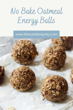 no bake oatmeal energy balls on parchment paper with text overlay